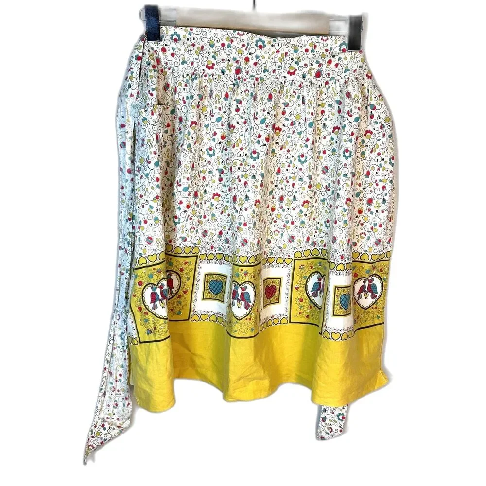 Vintage 50s-60s MCM Women's Multicolor Floral Yellow Border Print Cotton Apron